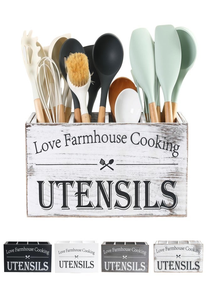 LIBODOUR Kitchen Utensil Holder,Farmhouse Wooden Utensil Holder For Kitchen Counter,Extra Large Cooking Spatula Organizer,Big Storage With 4 Compartments Flatware Spoon Tool Cutlery（Retro White） - Image 1